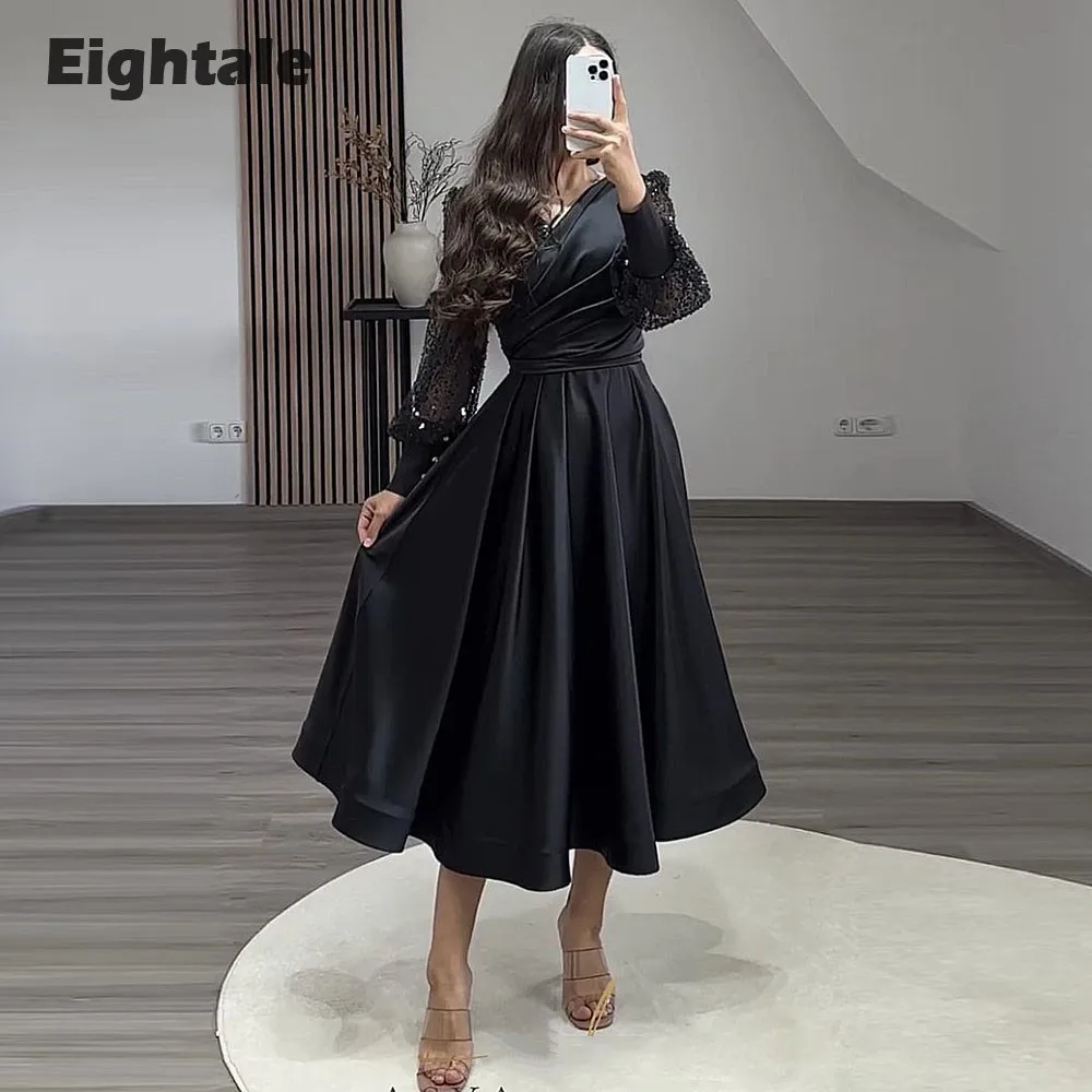 Eightale Shiny Prom Dresses V-Neck Glitter Long Sleeve Customized Black A-Line Short Evening Party Gown Vestidos Para Graduación