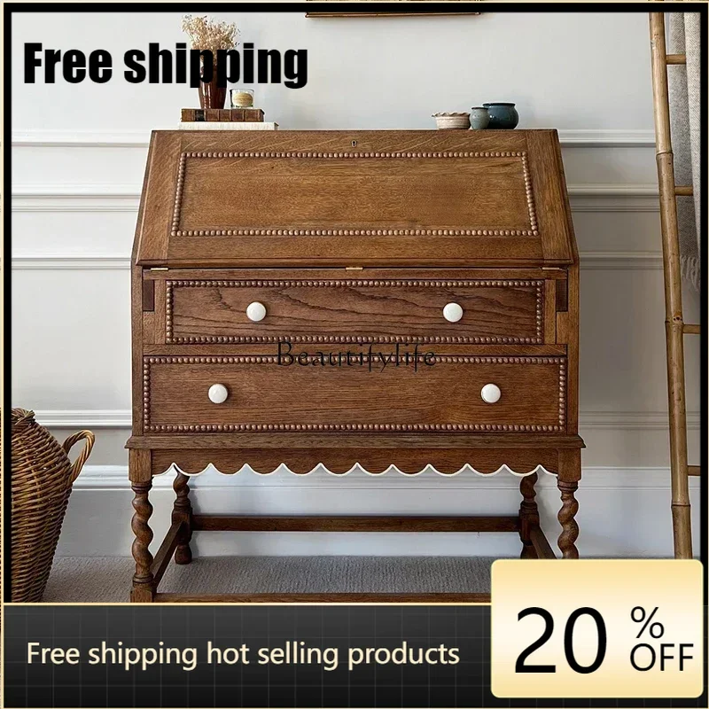 jj5 American-style Solid Wood Bedside Table Storage Vintage-style Distressed Double Drawer Storage Cabinet