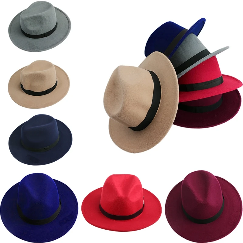 Men Women Jazz Bowknot Hard Felt Fedora Panama Bowler Wide Hat Brim Gangster Cap