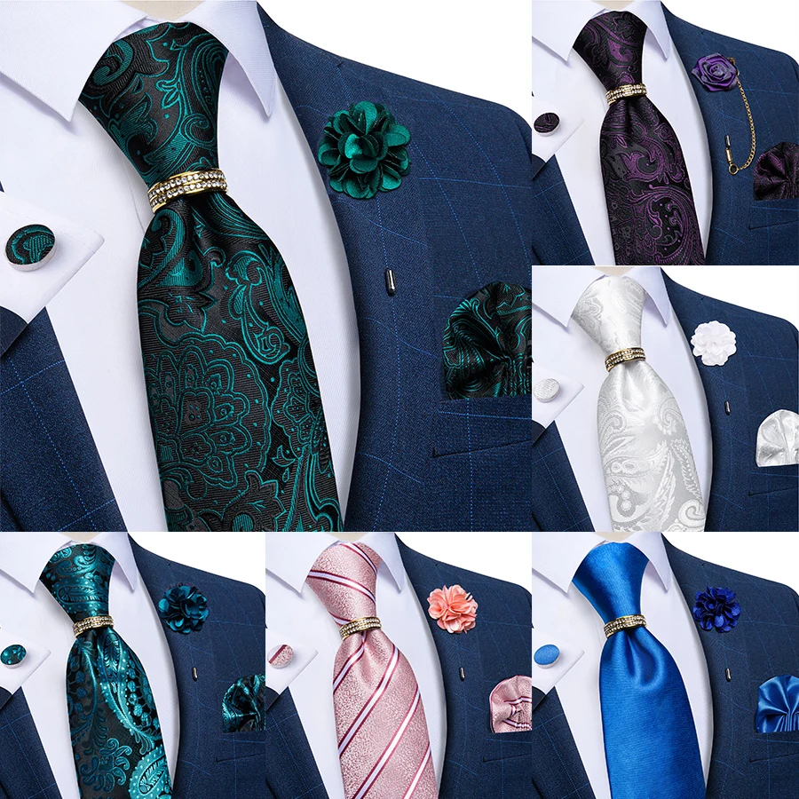 2023 New Solid Red Blue Olive Green Silk Ties for Men with Brooch Pin Tie Ring Wedding Party Accessories Cufflinks Pocket Square