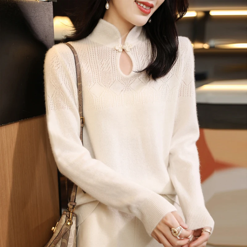 2024 Autumn/Winter New Fashionable Half High Collar Knitted Chinese Style Pan Button Hollow 100% Pure Wool Sweater