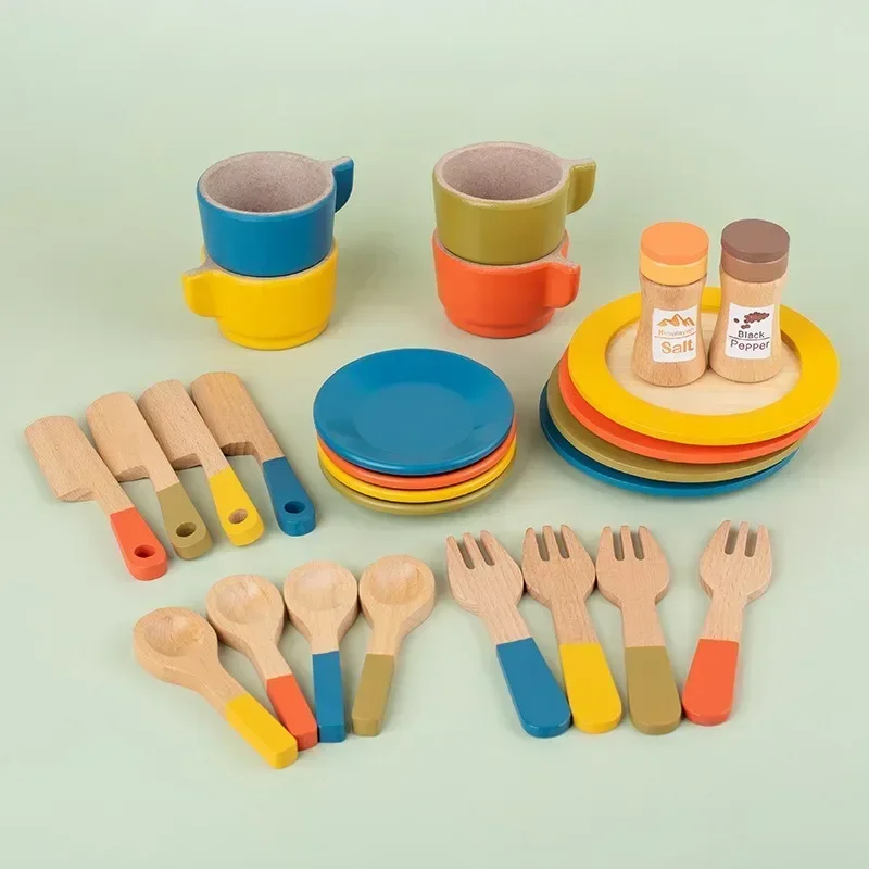 Wooden Kitchen Toy Plates Dishes Montessori Color Matching Cups Simulation Play for Kids Play Cutlery Plate Set for ChildrenGift