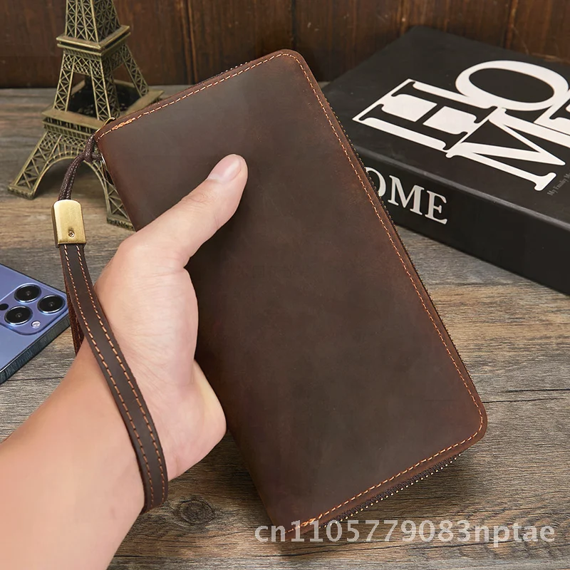 Men's Long Wallet Genuine Leather RFID Anti-Magnetic Retro Fashion Handheld Bag Crazy Horse Leather for Daily Use
