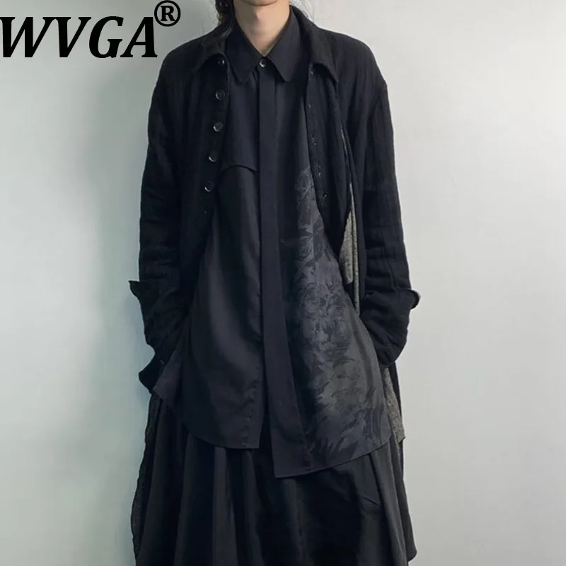 WVGA Spring Autumn New Men's Tide Mid-length Printed Trendy Long Sleeve Shirt Niche Chic Casual Turn-Down Collar Tops Ins W21522