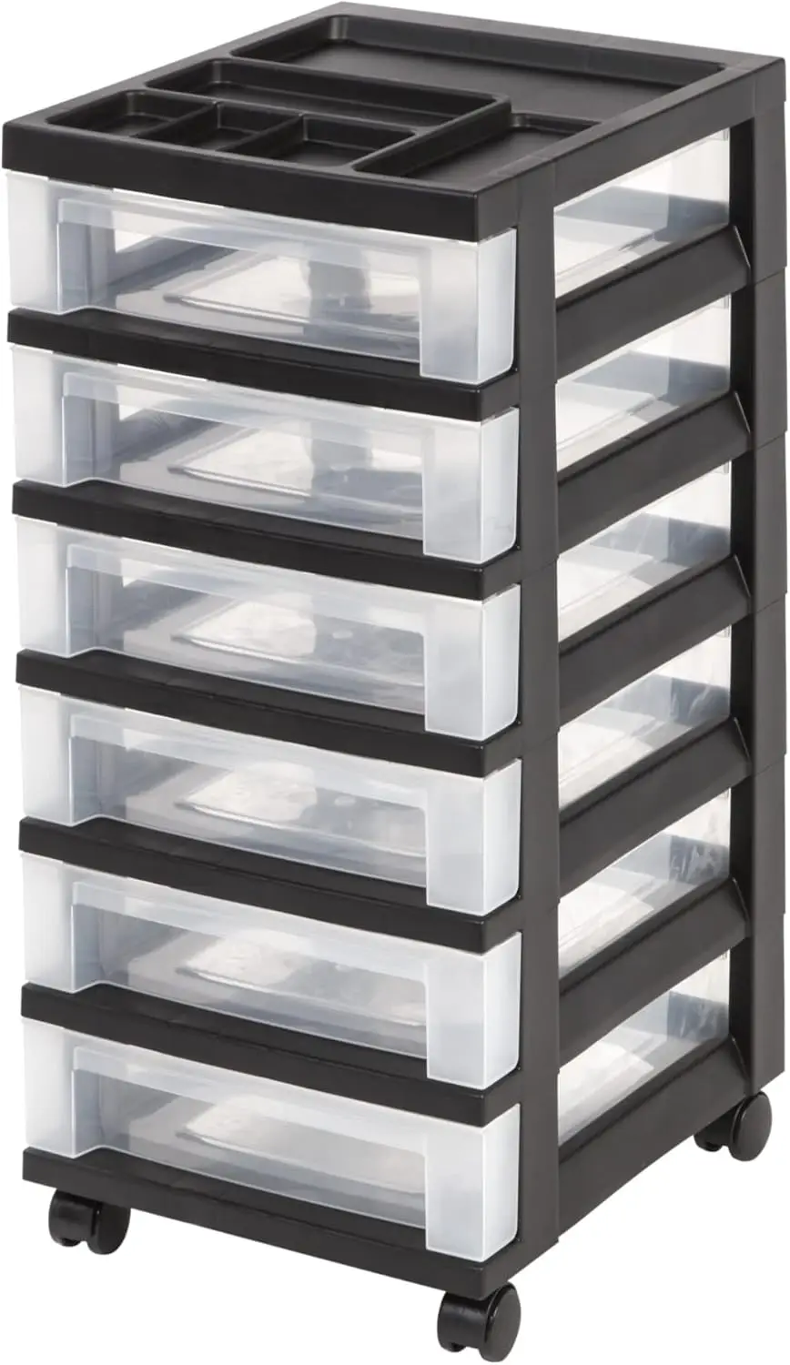 Medium Plastic Storage Cart, 6 Drawers, 26 7/16in.H x 12 1/16in.W x 14 1/4in.D, Black, 116815