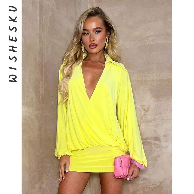 Sexy V Neck Ruched Long Sleeve Mini Dress Women Solid Casual Sundress 2024 Summer Beach Vacation Fairy Birthday Y2K Clothes