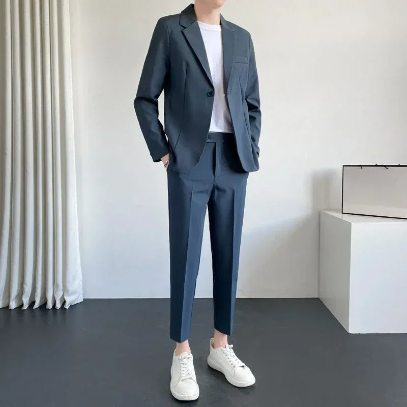 2 Piece Outfit Set Man Grey Blazer Casual Full Suit for Men Korean Spring Autumn Clothing Trends Costumes Luxury Pants Ceremony