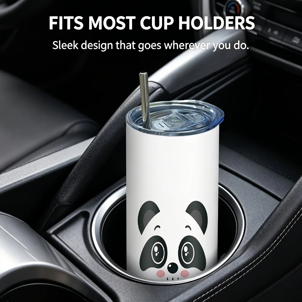 1pc/20oz/590ml/Double Wall Stainless Steel Insulated Skinny Tumbler with Straw And Lid,Outdoor Travel Coffee Mug,Cute Panda Face Design Festive Gift Option,Warm Gifts for Family And Friends In Autumn and Winter Seasons,Holiday Party Supplies view 5