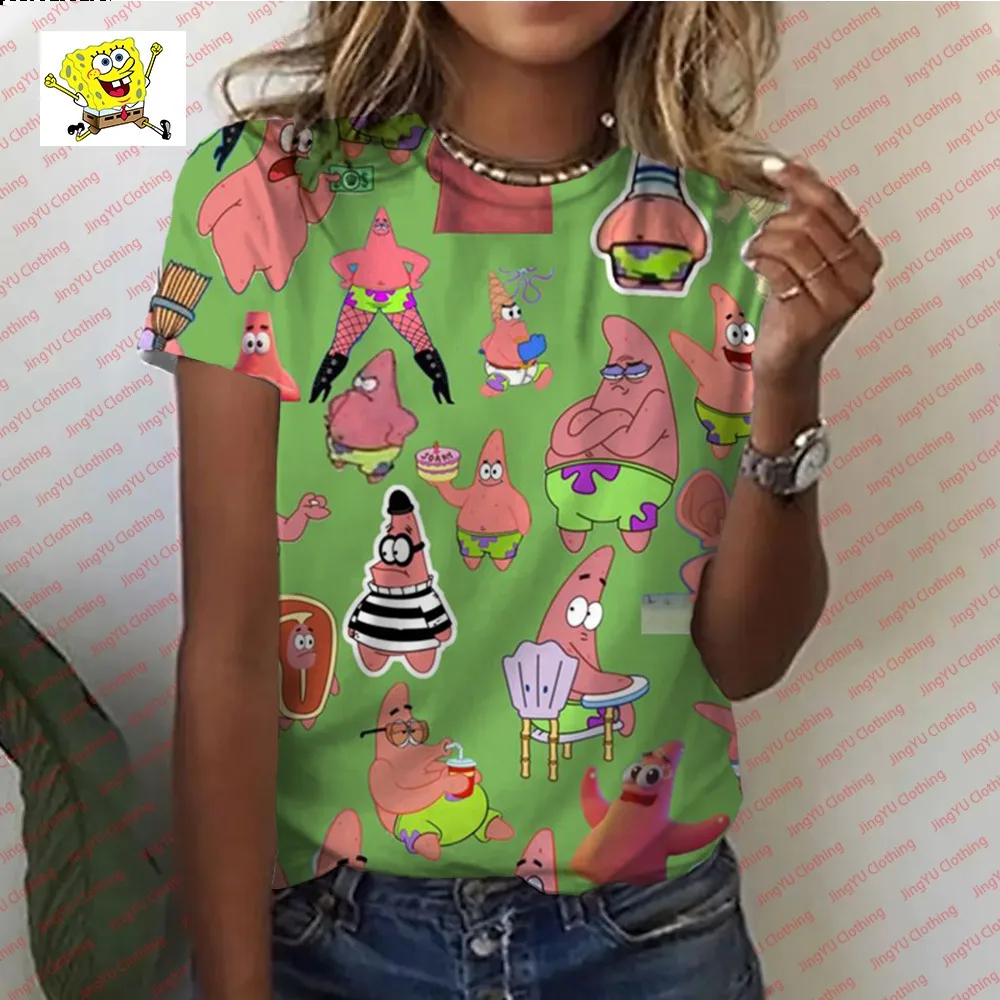 Camiseta informal de manga corta para mujer, Camiseta cómoda de dibujos animados de Bob Esponja, camiseta de dibujos animados, nueva moda de verano 2024