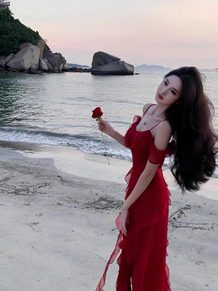 Vestido largo rojo fluido para mujer, vestido liso con tirantes finos y hombros descubiertos, vestido dividido con volantes irregulares, ropa para fiesta, cóctel y graduación