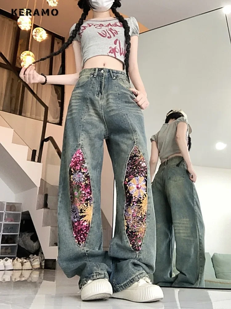 2024 Summer Women's Casual Sweet Harajuku Jeans Vintage Sequins Floral Patchwork Loose Washed Pants Y2K Wide Leg Denim Trouser