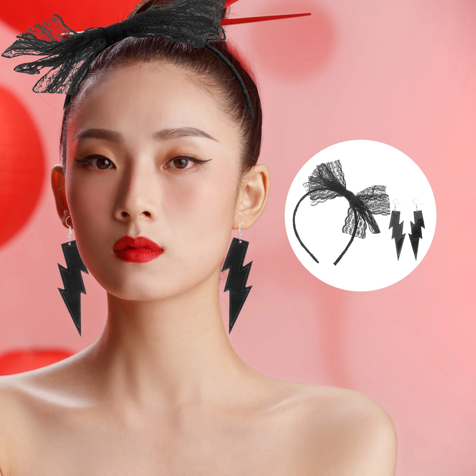 

Neon Lace Bow Headband Dainty Drop Earrings Set Halloween Party Neon Accessories Vintage Earrings Women