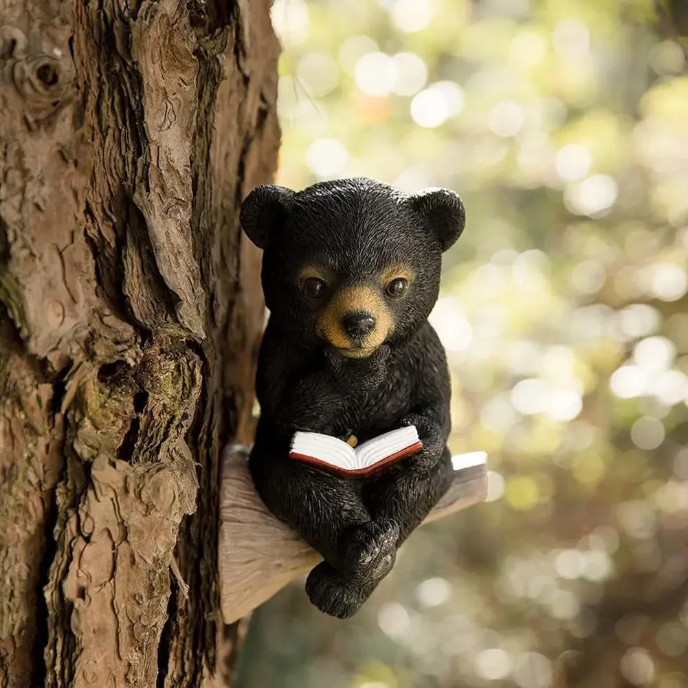 

New Solar Charging Bear Sculpture Light Control Baby Bear Reading Book Garden Statue Yard Art Sculpture Garden Tree Decoration