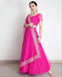 India Women's Saree Embroidery Georgette Rhinestones Dance Stage Lehenga Suit Rose Red