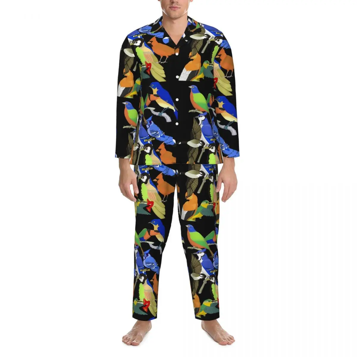 Wild Bird Sleepwear Autumn Colorful Tropical Animal Loose Oversize Pajama Set Male Long Sleeve Fashion Home Printed Nightwear