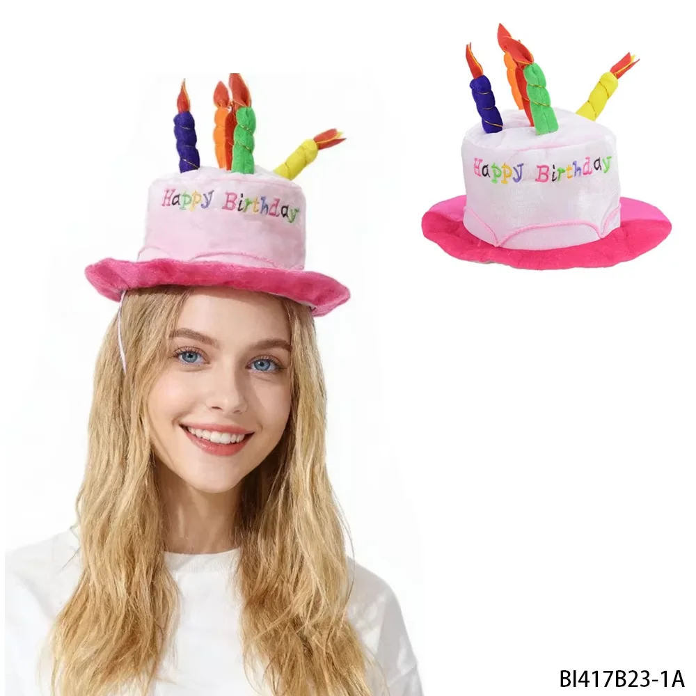 

PESENAR Pink birthday hat, plush cake shape, colorful candle decoration, fun and eye-catching hat for birthday parties.