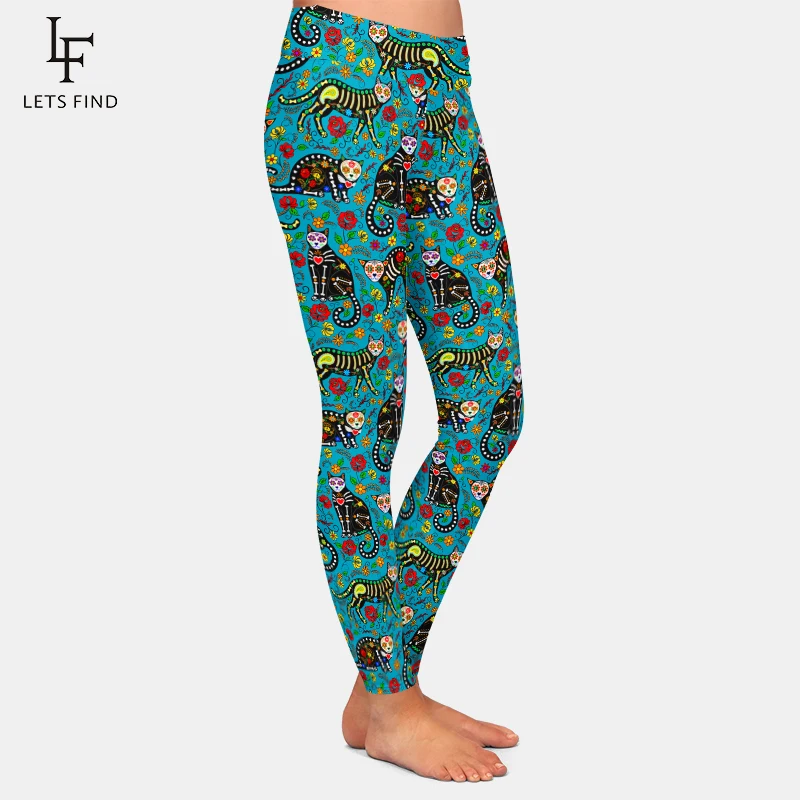 LETSFIND-mallas con estampado de calavera y gatos negros para mujer, Leggings ajustados suaves de cintura alta, a la moda