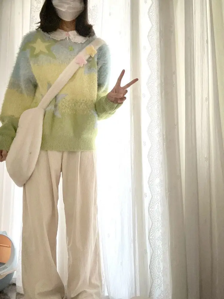 American Retro Casual Star Gradient Sweater For Women Lazy Loose Long Sleeve Tops Mujer 2025 Autumn Winter New Knitted Pullover