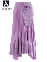 AELESEEN Runway Fashion Long Irregular Skirt Women Autumn High Street Waist Elastic 3D Appliques Flower Pleated Elegant Party