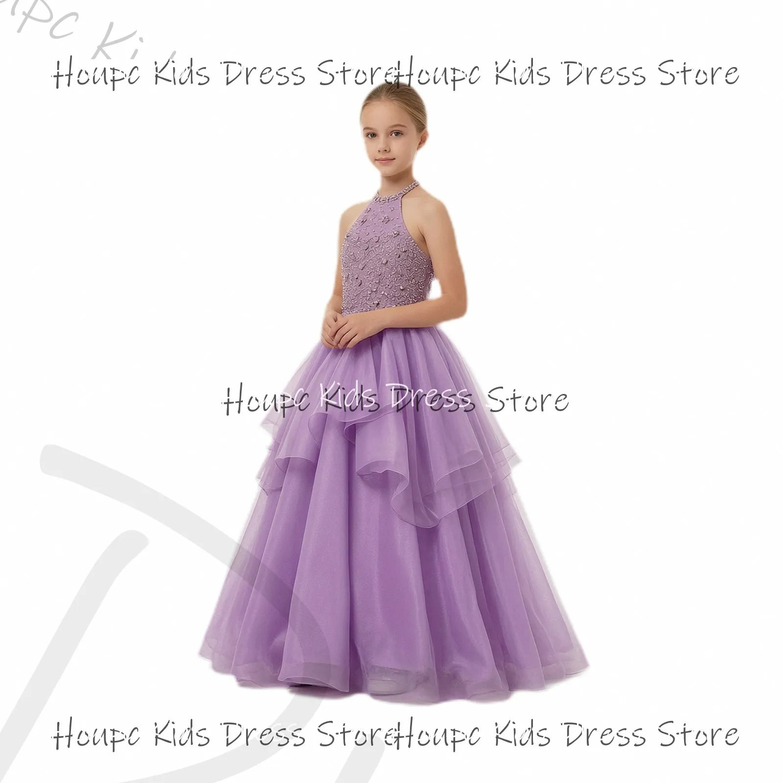 Custom Flower Girl Dresses Halter Beaded Bodice Tulle Tiered Skirt Formal Wedding Birthday Party, Evening Party, Prom Dresses