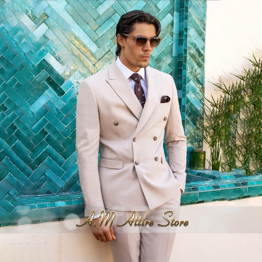 Elegant Men's 2-Piece Suit Beige Double Breasted Jacket Vest Pants Set for Wedding Banquet Thanksgiving Party Custom Tuxedo