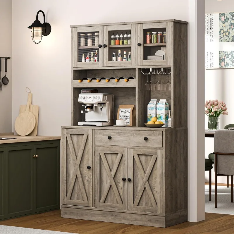 71''H Kitchen Pantry Storage Cabinet with Power Outlet,Doors, Shelves & Drawer, Buffet Cabinet with Goblet Holder and Wine Rack