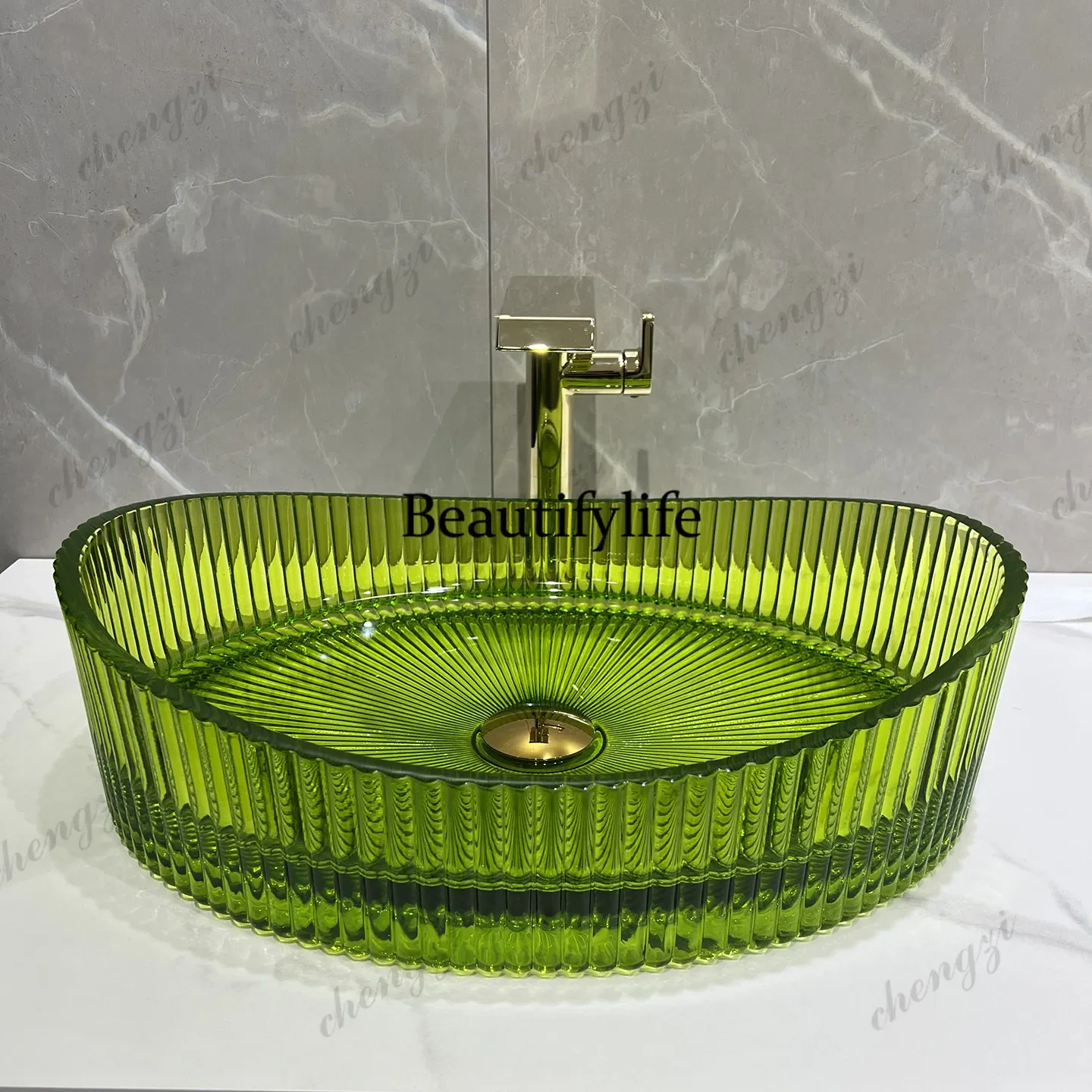 c139 Transparent glass oval table basin Modern simple vertical striped wash basin
