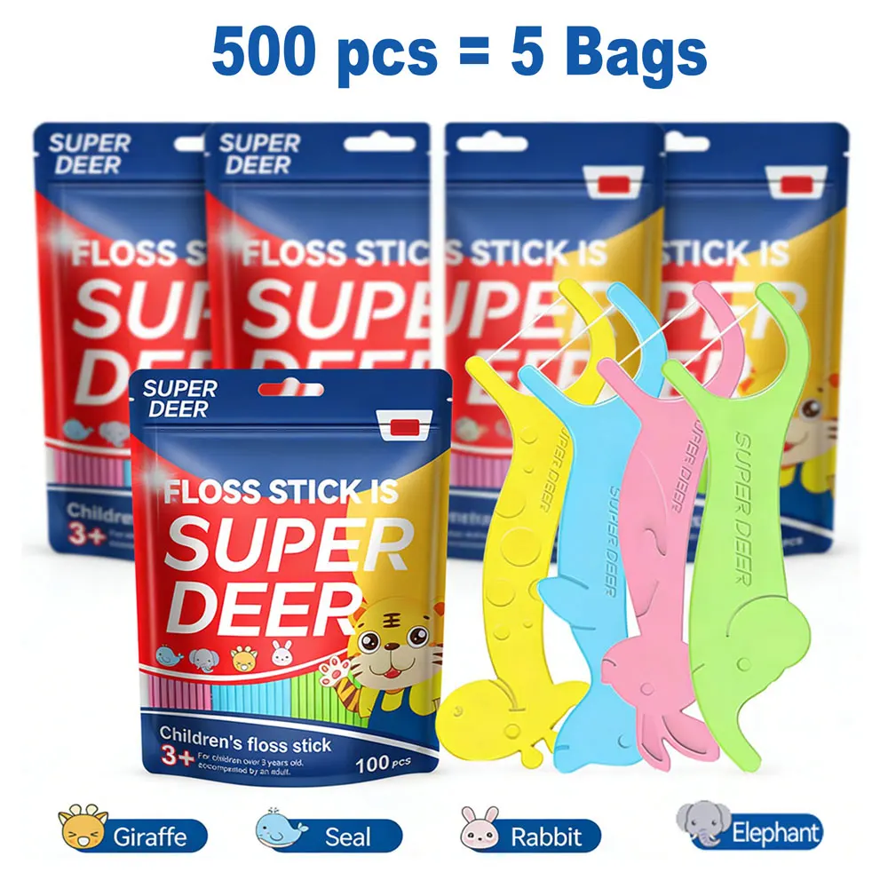 SUPER DEER Kids Dental Floss Picks 500/1200Pcs Cute Animal Shape Disposable Floss Stick Flossers Children Teeth Cleaning