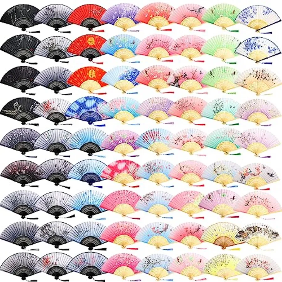 

72 Pcs Floral Folding Hand Fan Silk Folding Fans Bulk Vintage Handheld Chinese Decorative with Bamboo Frames Different Flower P