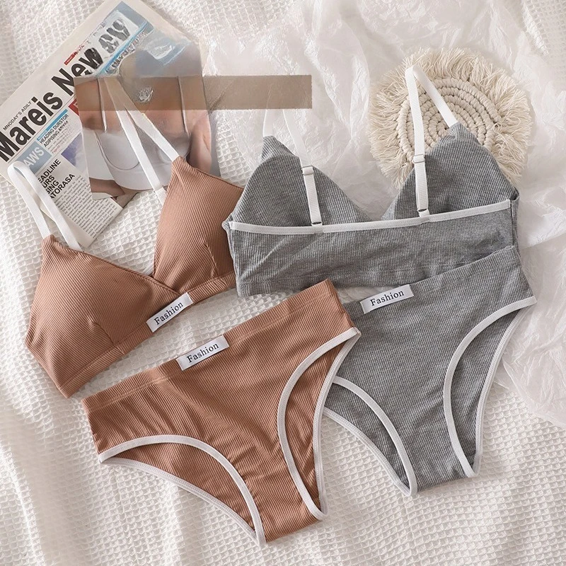 

Женский хлопковый комплект с бюстгальтером и трусиками, бюстгальтер без косточек с v-образным вырезом, трусы с низкой талией, комплект сексуального нижнего белья, комфортный женский спортивный комплект нижнего белья