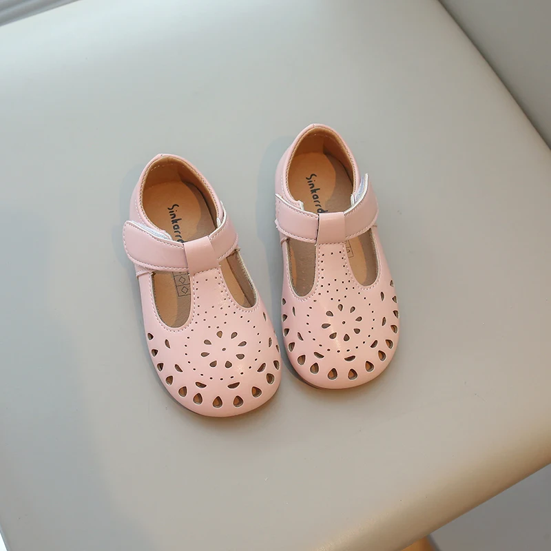 Hollow Out Girls Flats Shoes T-Strap PU Leather Children Princess Shoes Solid Hook Loop Toddler Kids Spring Autumn Shoes