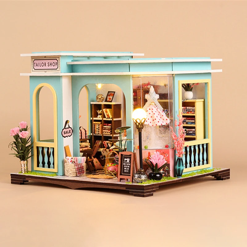 NEW Modern DIY Wooden Tailor Shop Dollhouses Miniature Kits With Furniture LED Lights Home Desk Decoration Adult Handmade Gifts