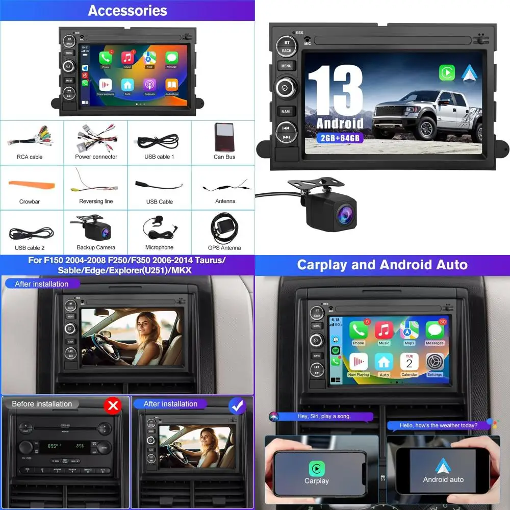 

Автомобильная радиосистема для Ford F150/F250/F350 2004-2014, 7-дюймовая автомобильная стереосистема с сенсорным экраном 1080P и беспроводным CarPlay Andriod Auto, Blu