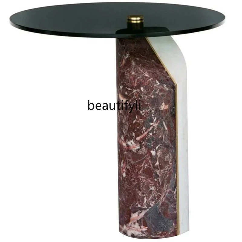 Italian light luxury marble Nordic designer, glass coffee table model room, living room Hong Kong style edge table round