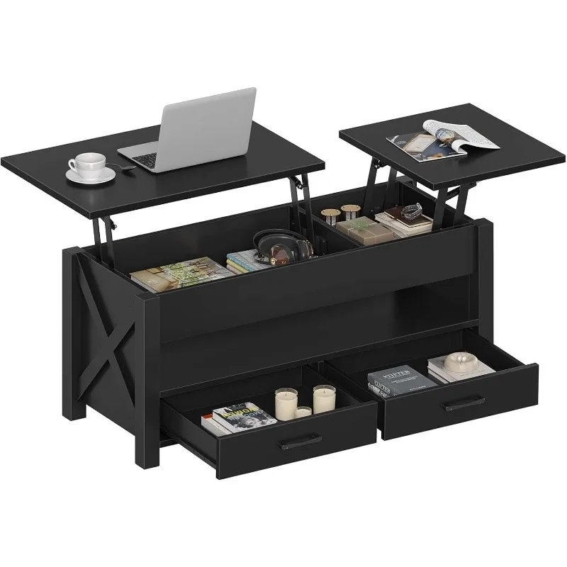 Table Basse Noire avec 2 Rangements et Compartiment Caché pour Salon, 47.2 Pouces