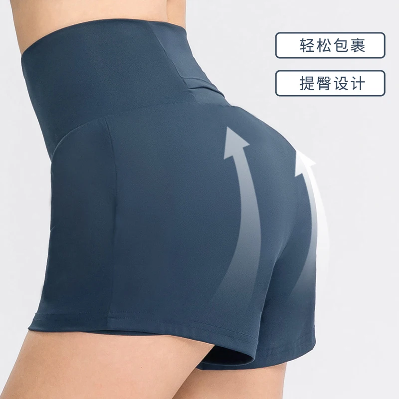 Women Yoga Sports Shorts Nylon Quick-dry Ice-feeling Loose Fake Two Pieces for Running Fitness Tennis Ladies Shorts with Pocket