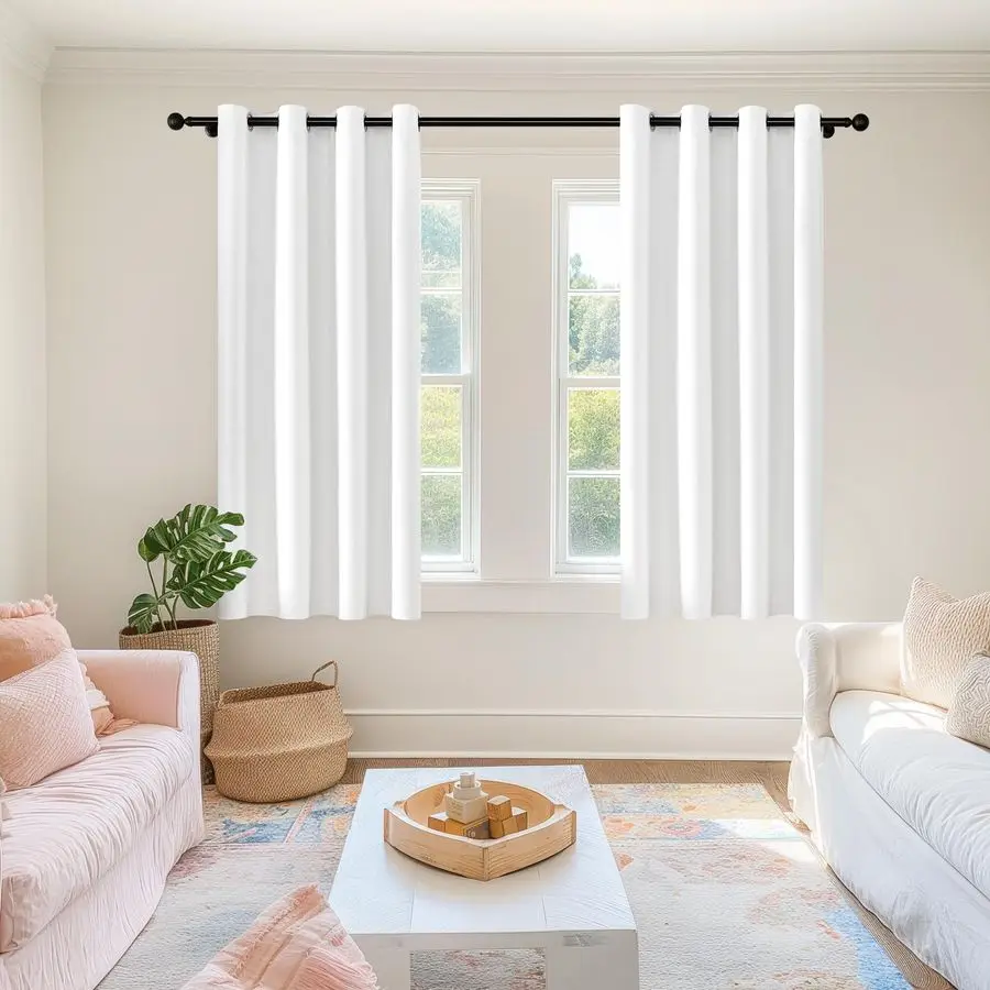 

100 Blackout Pure White Solid Curtains 63 Inches Long 2 Panels for Bedroom Living Room,Farmhouse Room Darkening Thermal Insulate