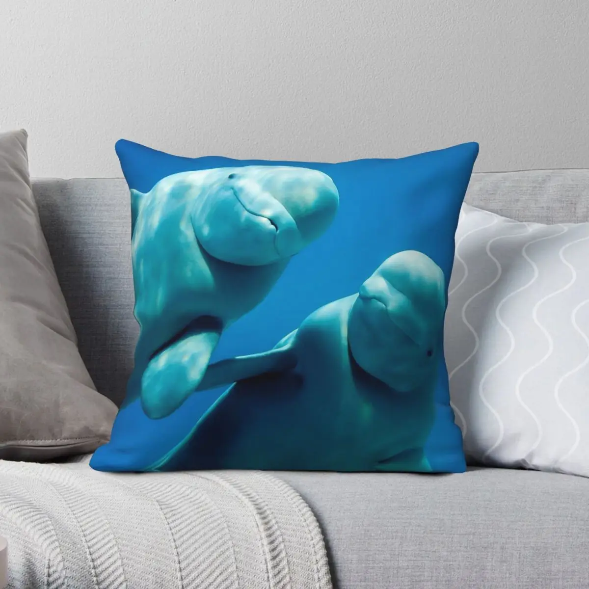 Beluga Whales Swimming Square Pillowcase Polyester Linen Velvet Printed Zip Decor Sofa Cushion Cover 45x45