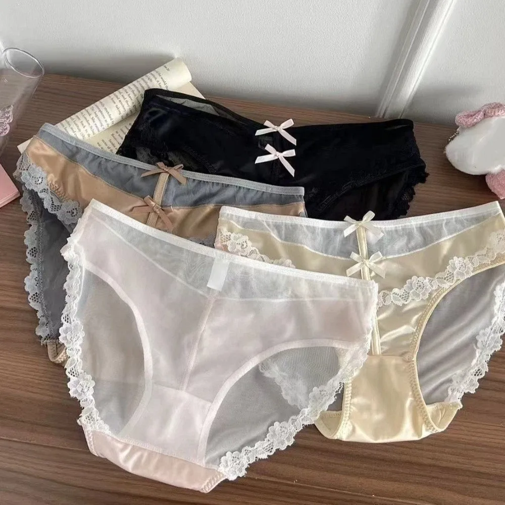 Sweet Bow Lace Flower Panties Transparent Seamless Underwear for Women Mid Waist Patchwork Mesh Lace Briefs Girl