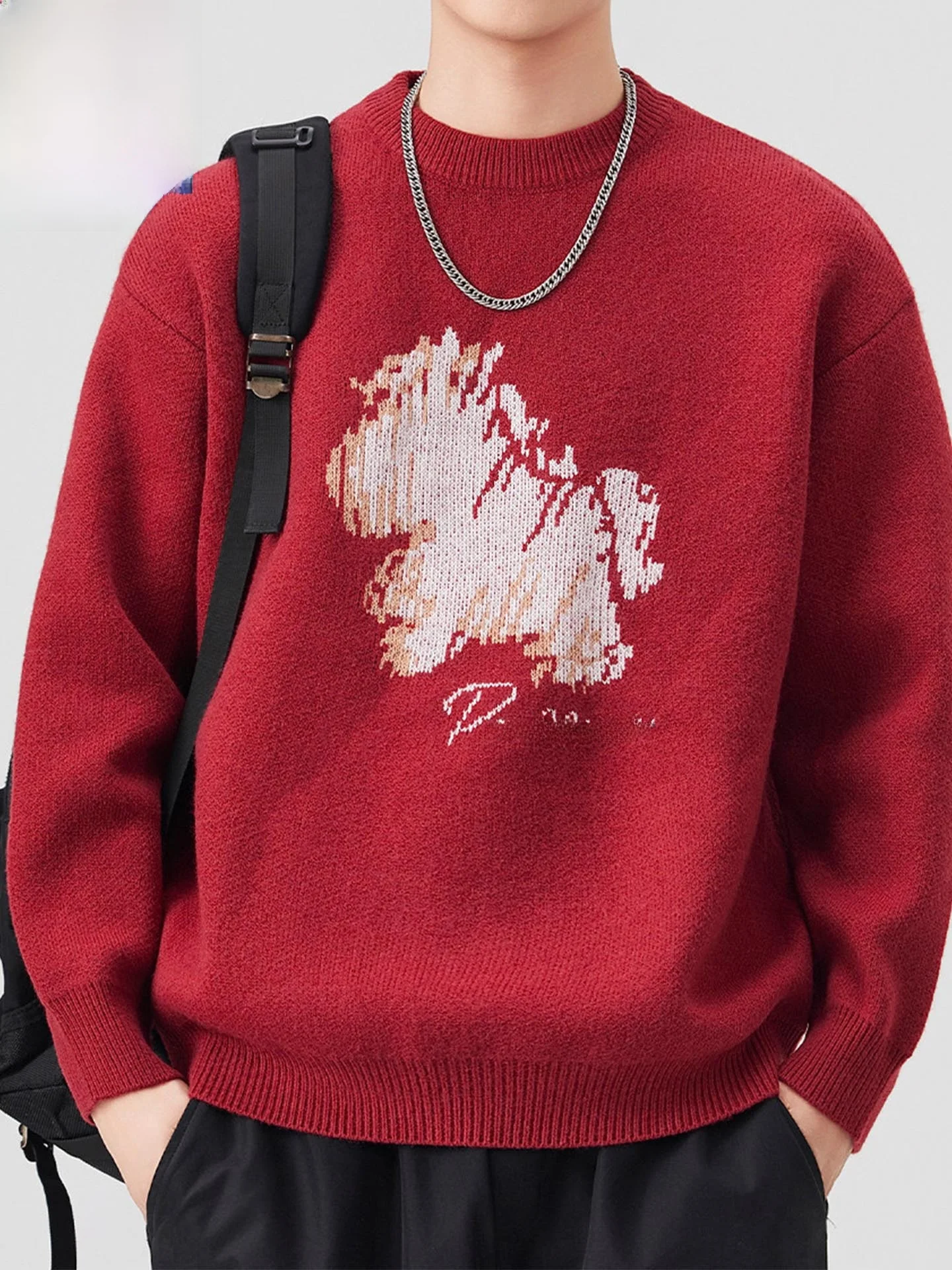 

Повседневный круглый вязаный свитер для мужчин, осень-зима, новый модный красный внутренний свитер, юбилей, год M, модель Ci Walk