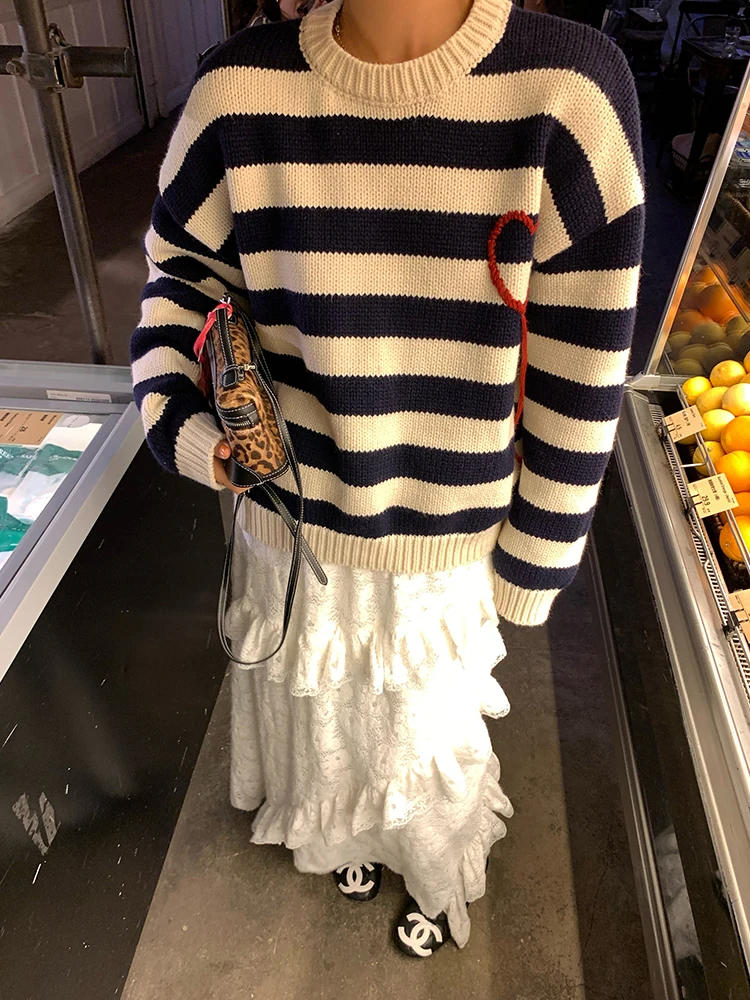 

Свободный женский трикотаж, свитер, полосатая верхняя одежда, зимняя мода, маленький размер, сохранение тепла, круглый хлопковый трикотаж Dr