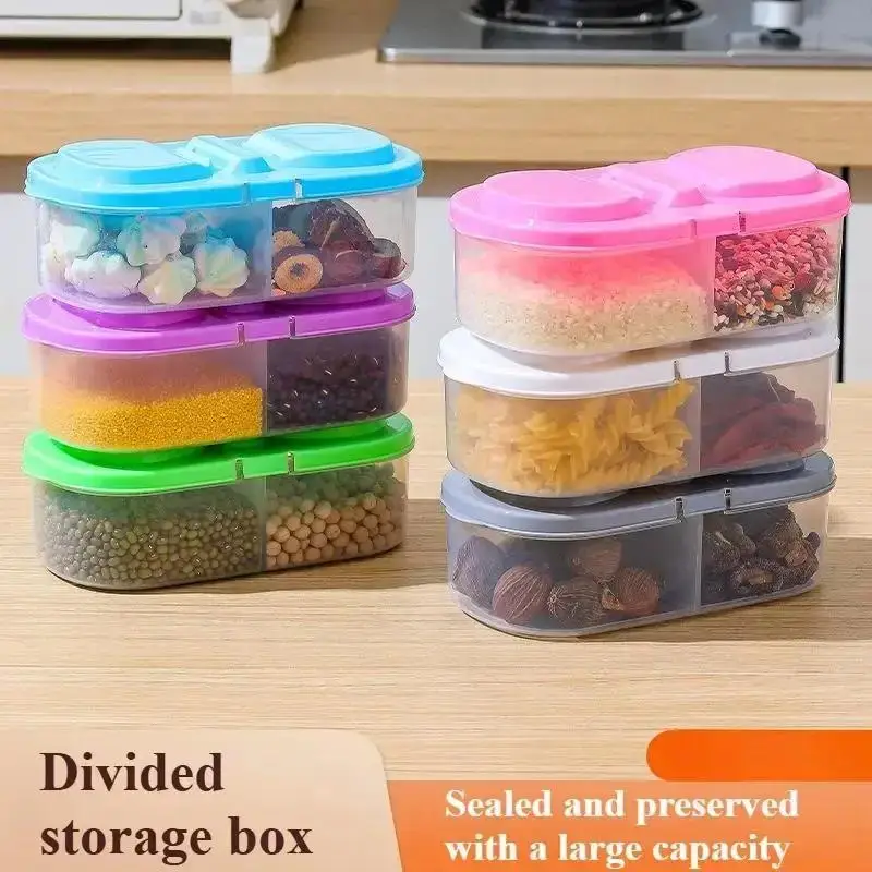 2 In 1 Dual Compartment Food Storage Container Sealed Plastic Box Snack Organizer For Dried Fruit Nuts Kitchen Refrigerator