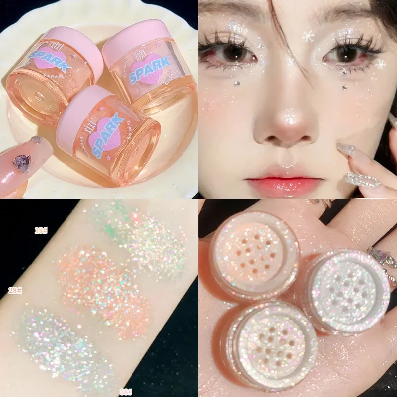 Resaltador de perlas rosas doradas, polvo suelto con brillo de alto brillo, polvo brillante de luz de luna blanca, maquillaje para resaltar el cuerpo y la cara