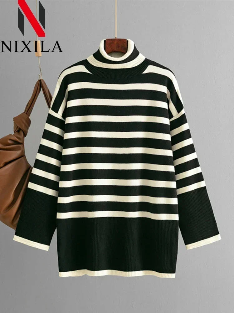 بلوفرات نسائية مخططة للخريف والشتاء بياقة عالية سترة فضفاضة غير رسمية بأكمام طويلة قمصان أنيقة ملابس نسائية