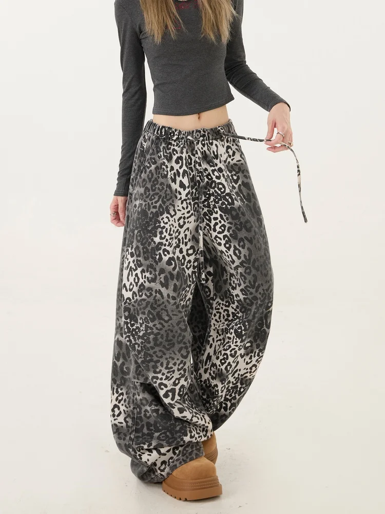 American Street Style Washed Vintage Leopard Print Jeans Loose Casual Wide Leg Straight Workwear Trousers for Women
