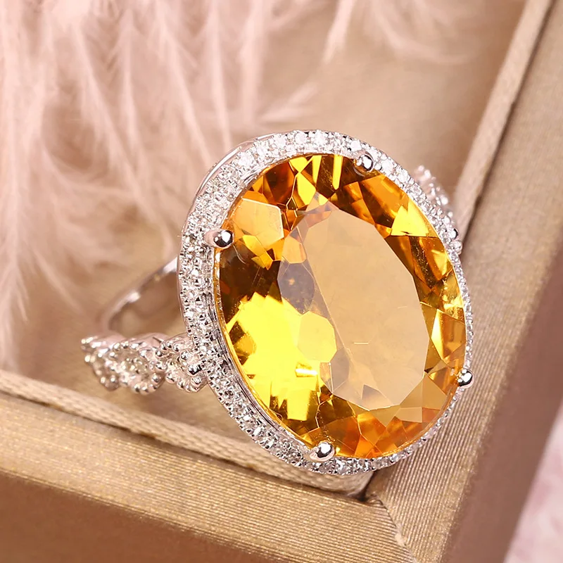 Genuine Natural Yellow Citrine Adjustable Ring 16x12mm 925 Silver Woman Clear Bead Wealthy Citrine Stone AAAAA