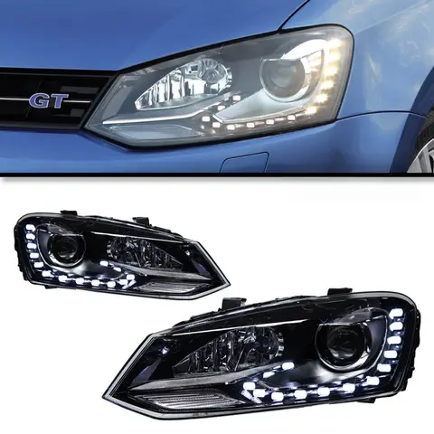 Suitable for Volkswagen Polo headlight assembly retrofit with GTI xenon lights, R20 daytime running lights, and LED headlights.