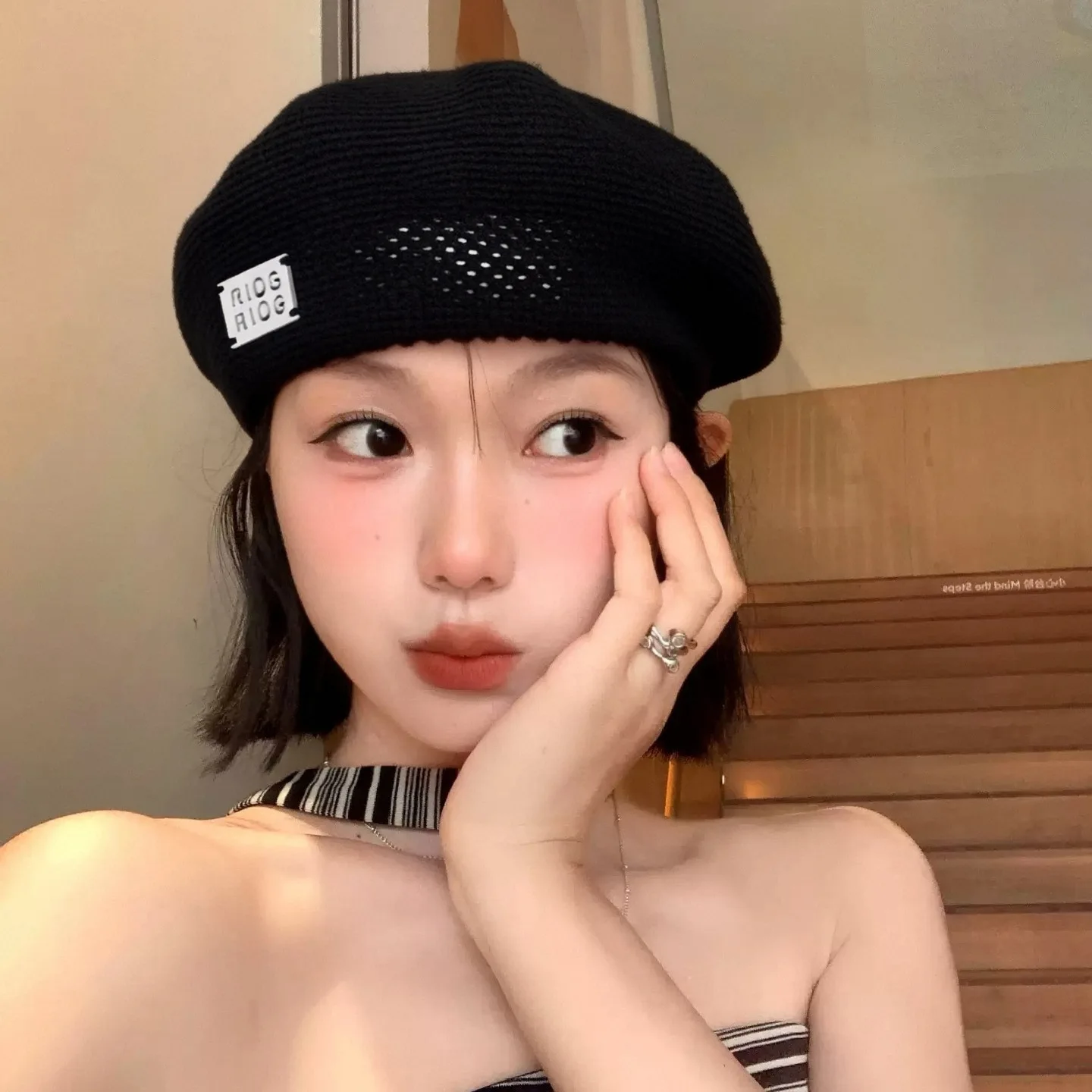 Japanese Artistic Beret Spring and Summer Breathable Hollow Woven Painters Cap Temperament All-match Anti-bud Cap Shows Small Fa
