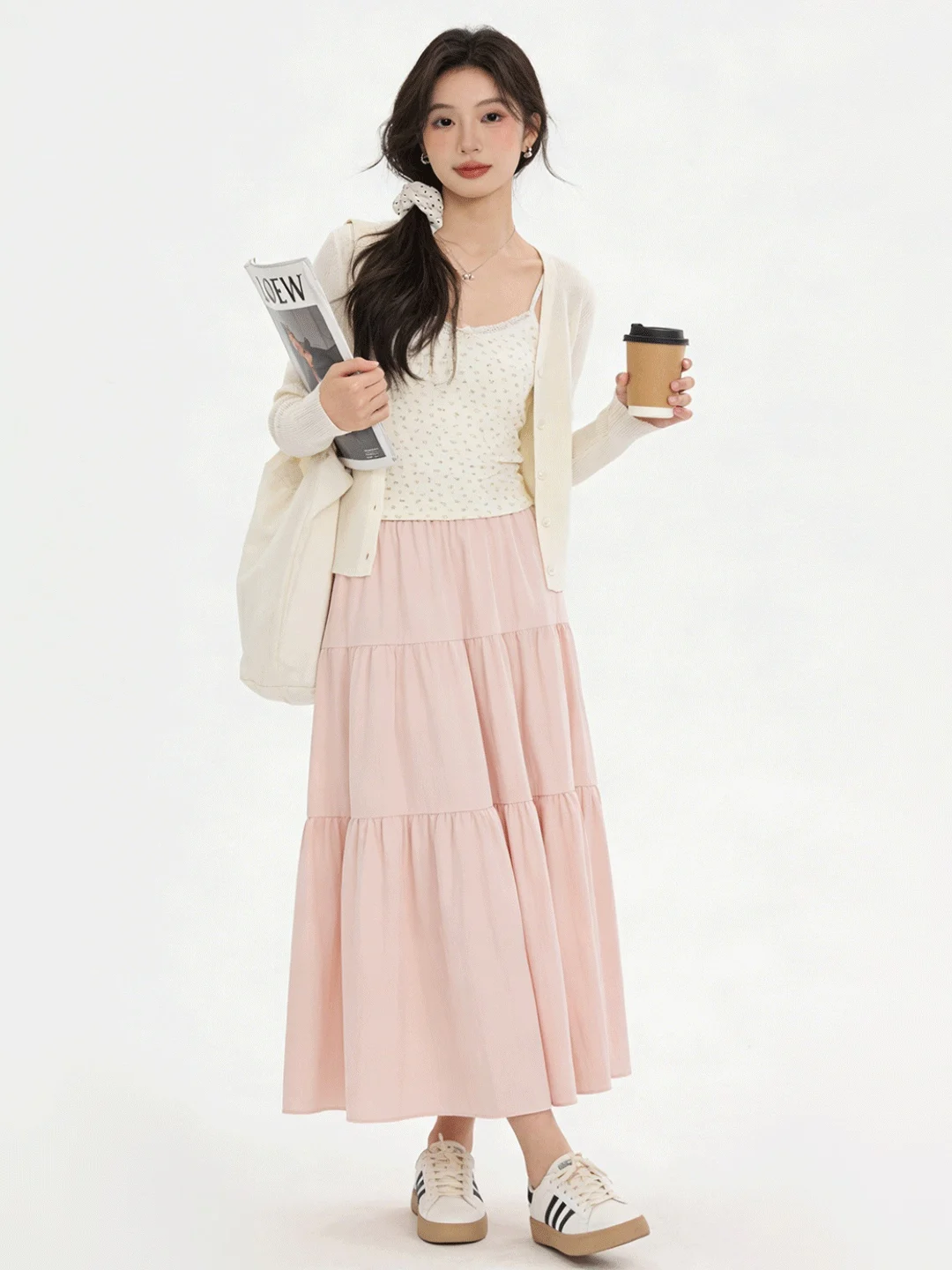 

Korean Sle High Waist A-Line Skirt Women's Casual Slimming Pink Spring Summer f-length Skirts Breathable Skin-friendly