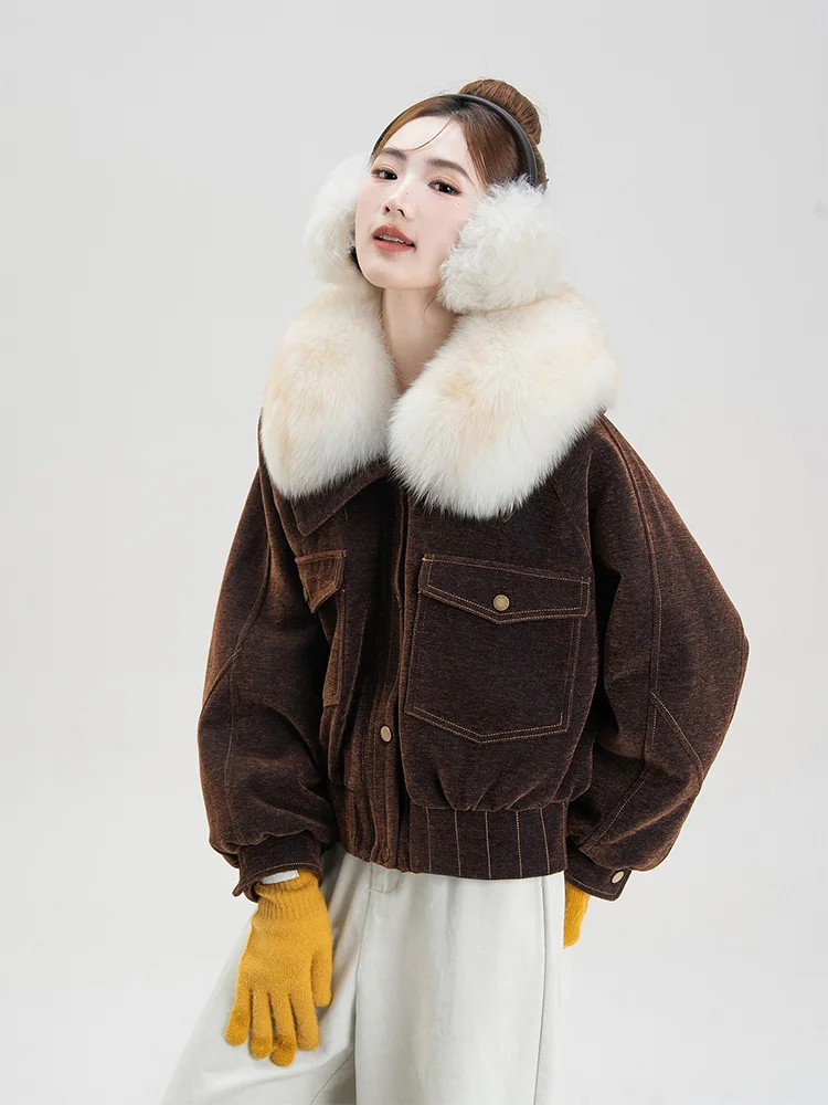 معطف الفرو الحقيقي فرو الثعلب الطبيعي سترة الشتاء الدافئة المرأة أوزة أسفل بطانة داخلية ملء الدافئة سروال قصير غير رسمي النسيج ملابس خارجية #2